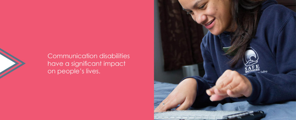 A woman uses an augmentative and alternative communication device. Text says, "Communication disabilities have a significant impact on people's lives."
